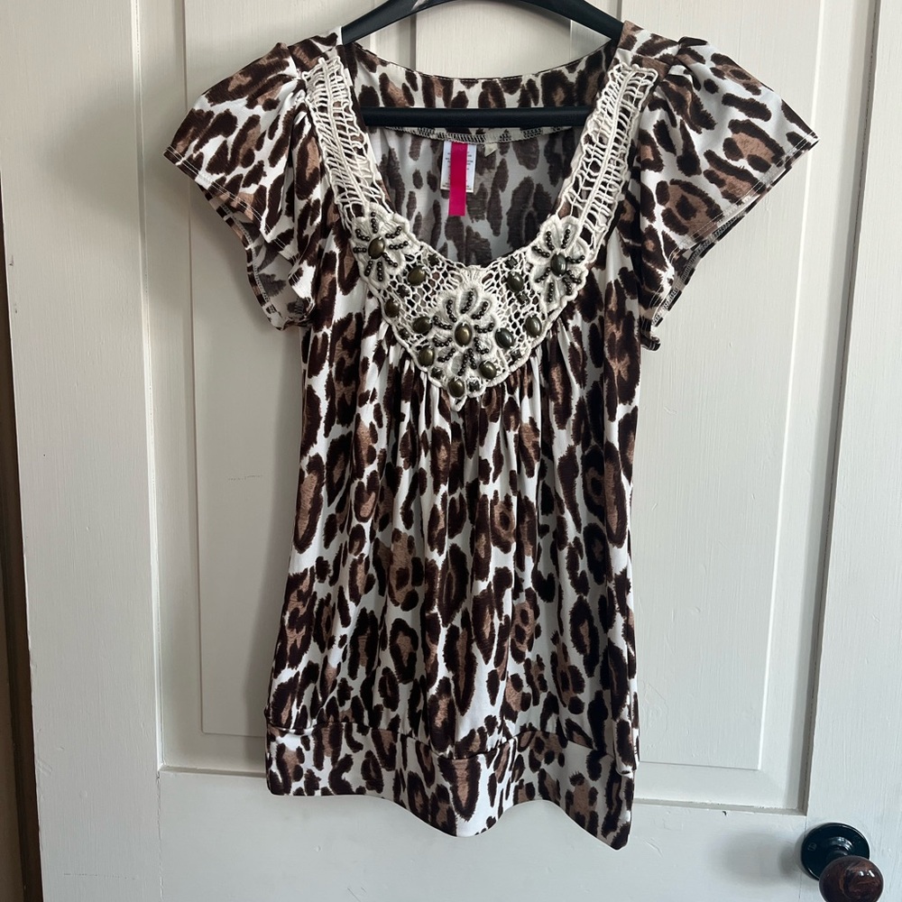 Heart Soul Brown Leopard Print Blouse with Lace